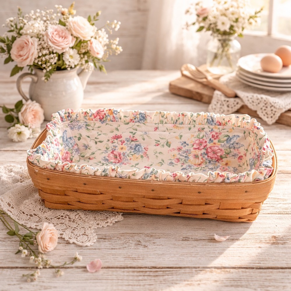 Longaberger Bread Basket 2003 w/ Spring Floral Liner Handwoven Cottage Farmhouse